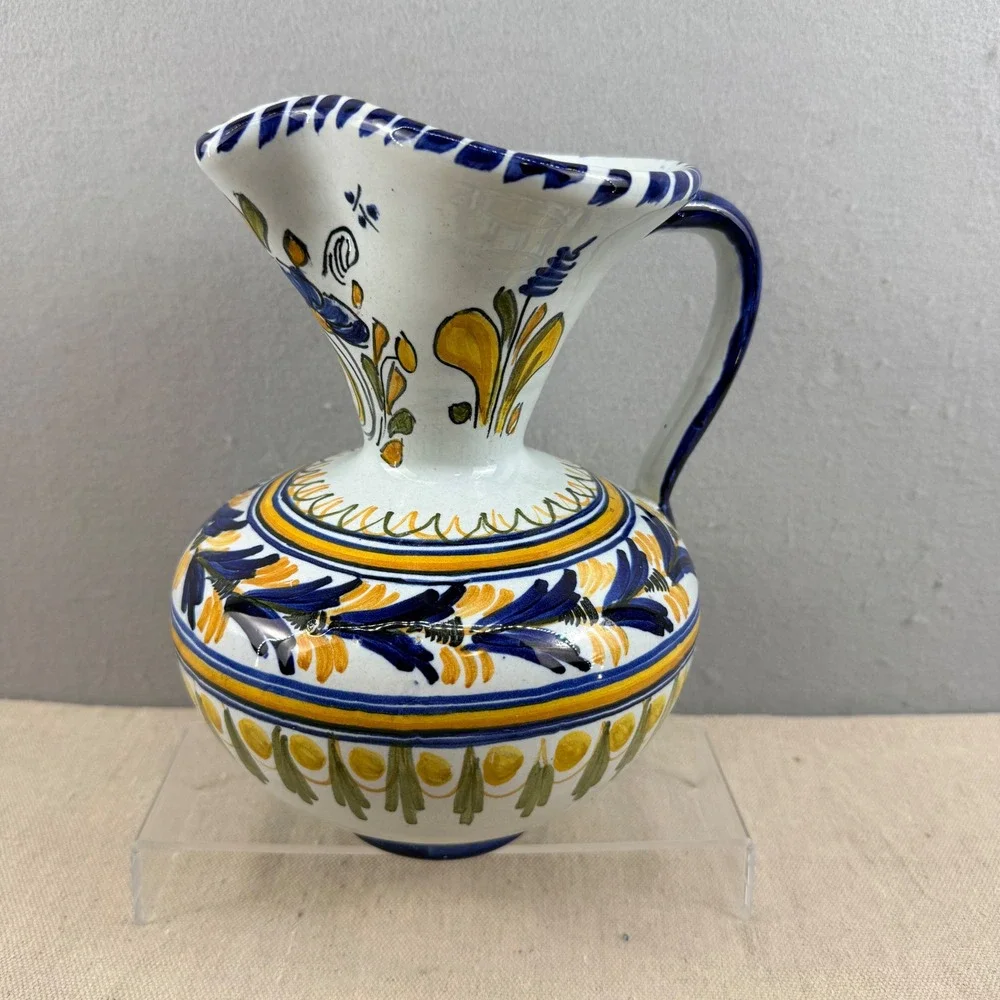 Vintage Spanish Majolica Art‎ Pottery Pitcher Signed VE Monogram Espana